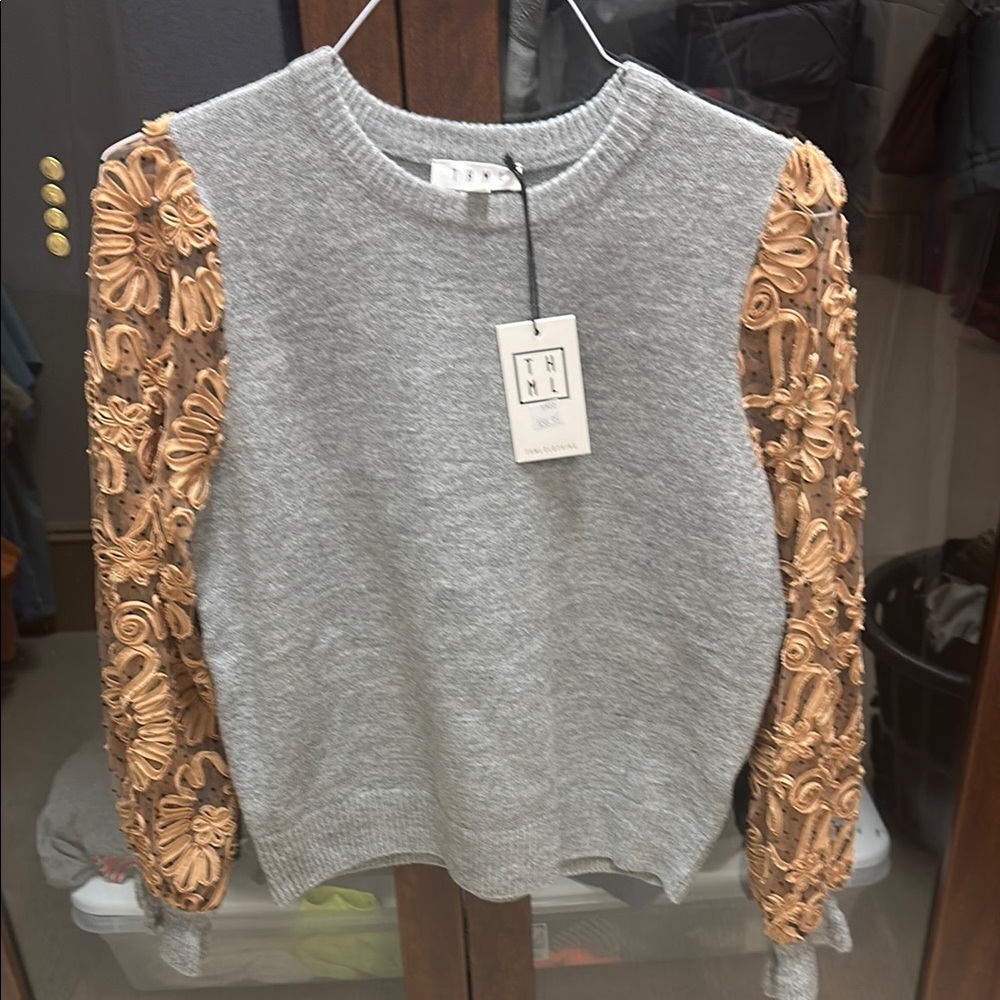 THML Gray Sweater with Tan Embroidered Sleeves